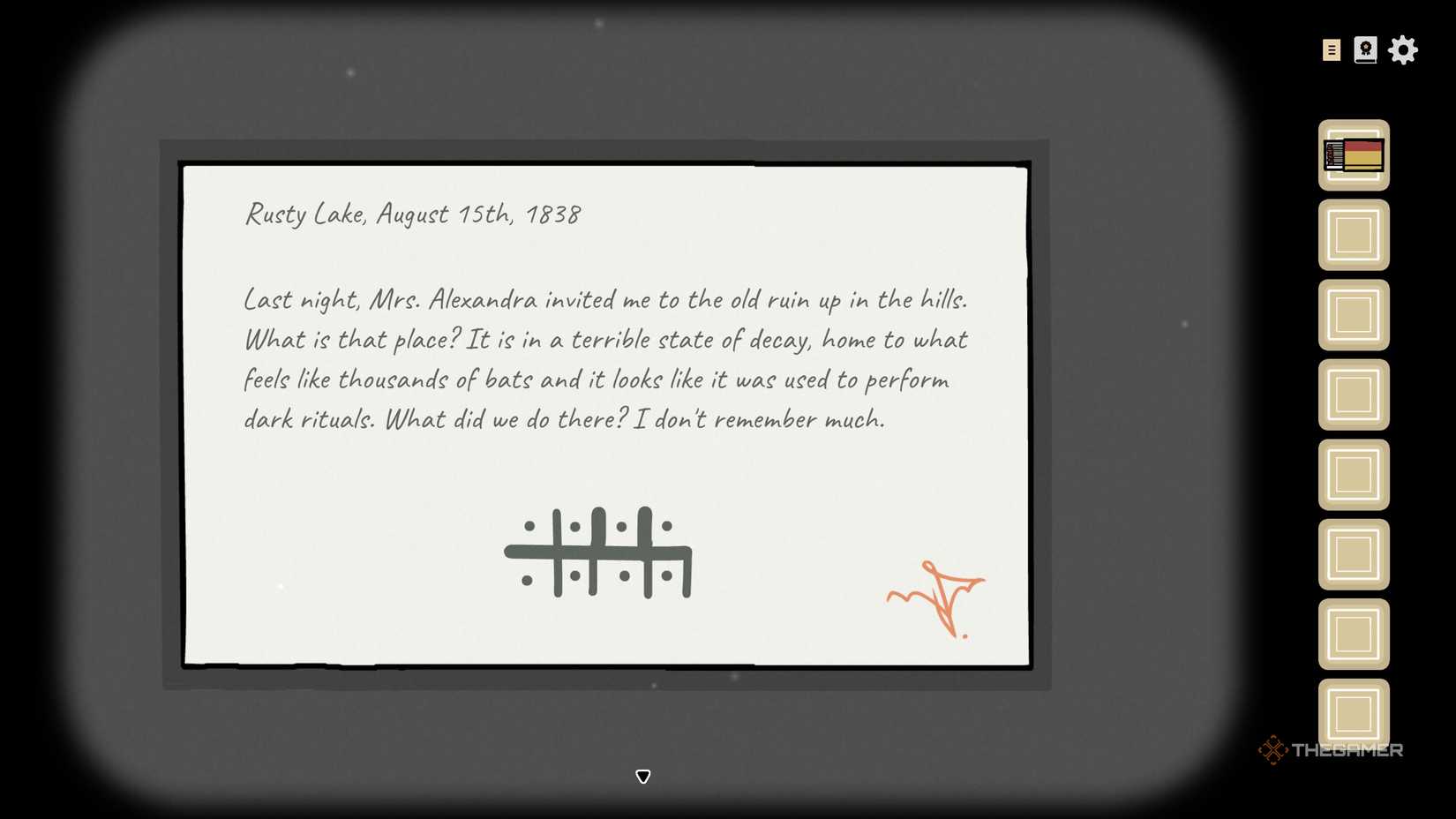 The fifth note from Kate's brother in Servant of the Lake.