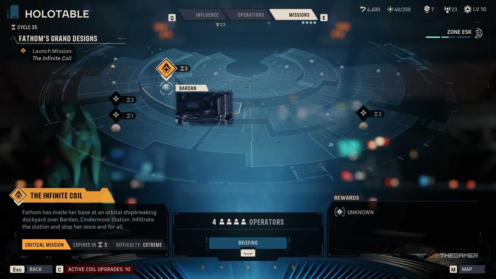 Holotable di Star Wars Zero Company con la selezione della missione The Infinite Coil