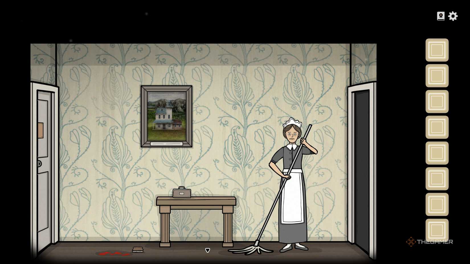 The maid beside a bloody floor in Servant of the Lake.