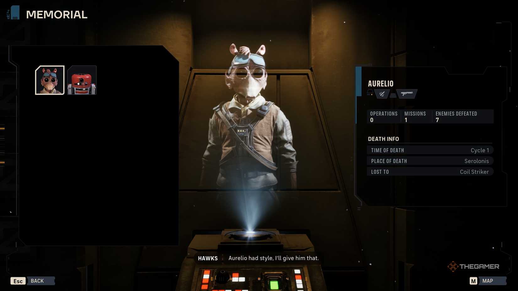 The memroial in Star Wars Zero Company, showing the operators who were lost during missions. This one shows Aurelion and b1.