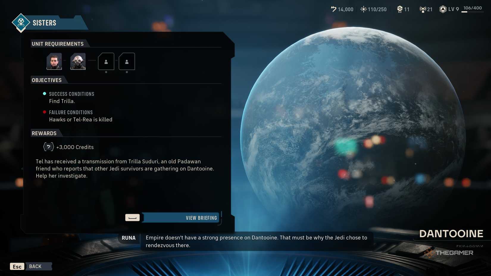 The mission overview for the side mission Sisters in Star Wars Zero Company. It tells the player to choose a team of 4. The mission will fail if either Hawks to Trea die