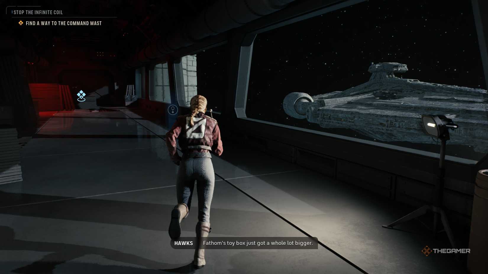 The player character, Hawks, running down a space station hallway in Star Wars Zero Company. A large window shows a giant space ship outside