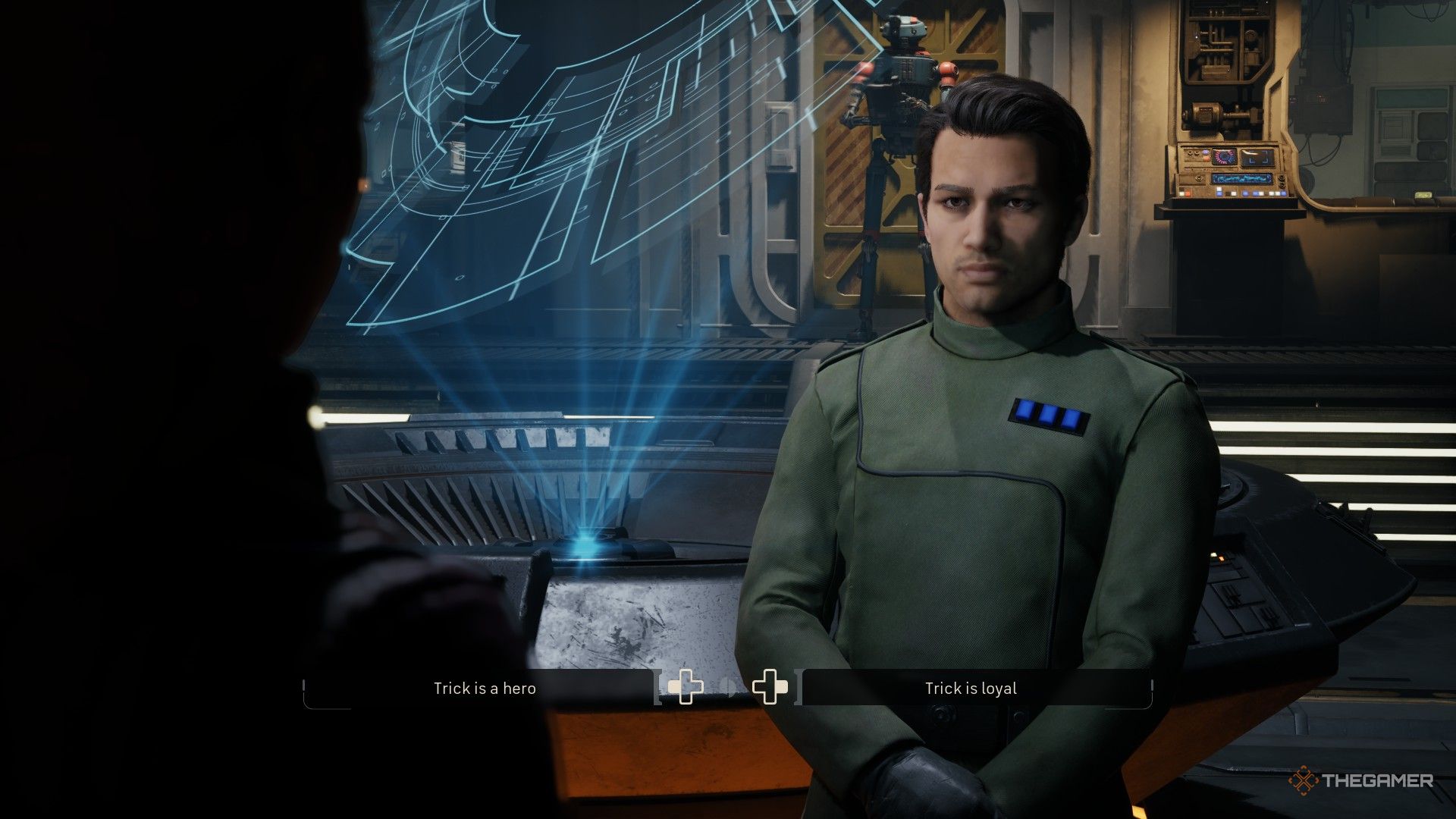 The player in Star Wars Zero Company making a dialogue choice. They can either choose 'Trick is a hero' or 'Trick is loyal'