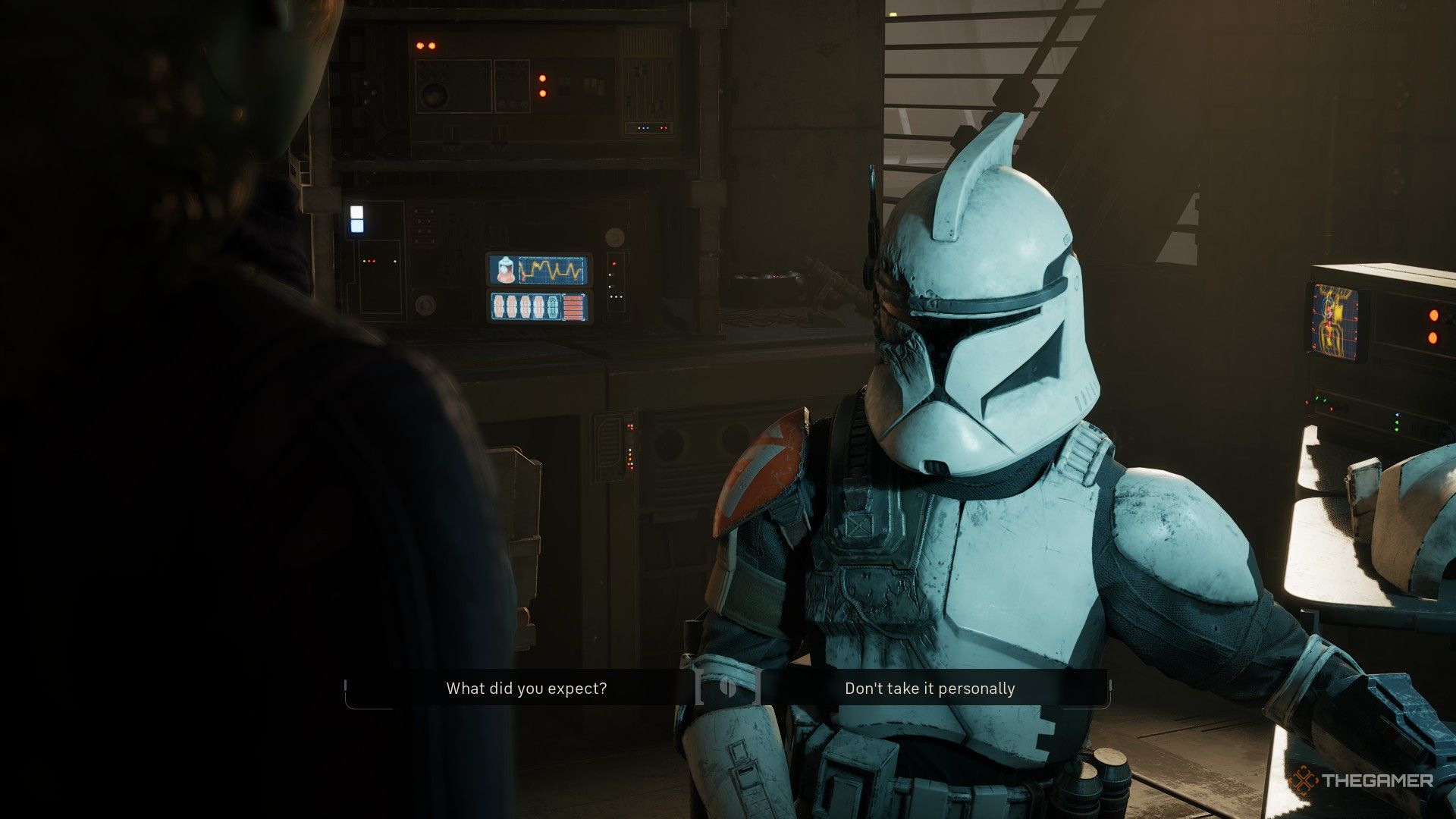 The player in Star Wars Zero Company making a dialogue choice. They can either choose 'What did you expect' or 'Don't take it personally'