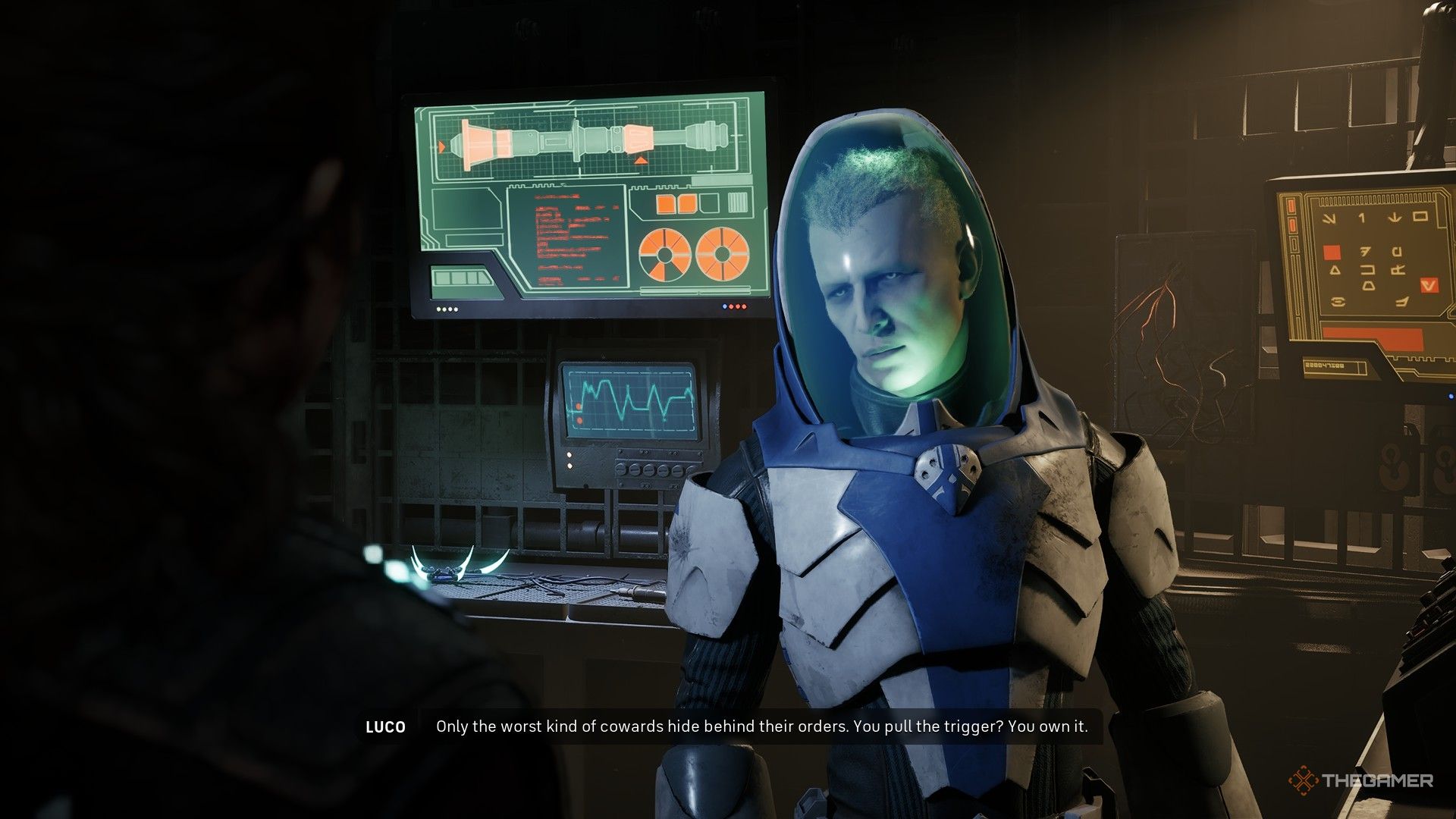 The player speaking to Luco in Star Wars Zero Company. He wears a large helmet as part of his armour