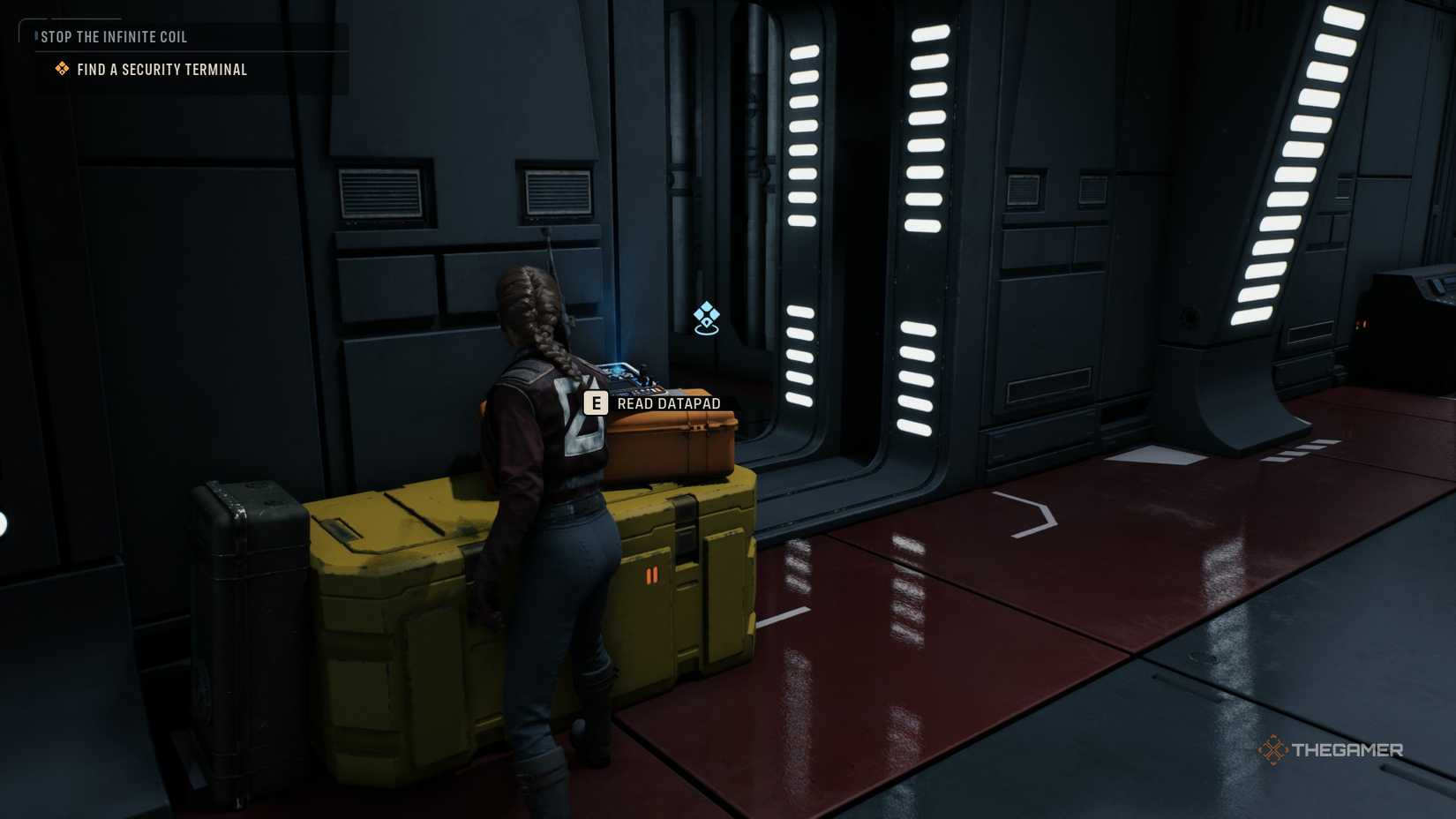 The player standing near a datapad that they can click to read in Star Wars Zero Company