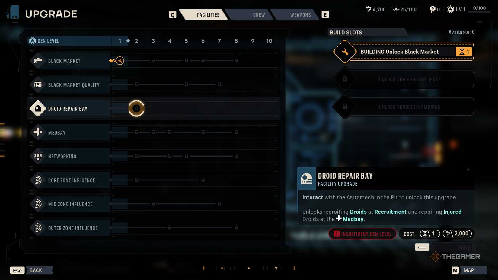 The upgrade screen in Star Wars Zero Company, showing the player hovering over the option to build the Droid Repair Bay