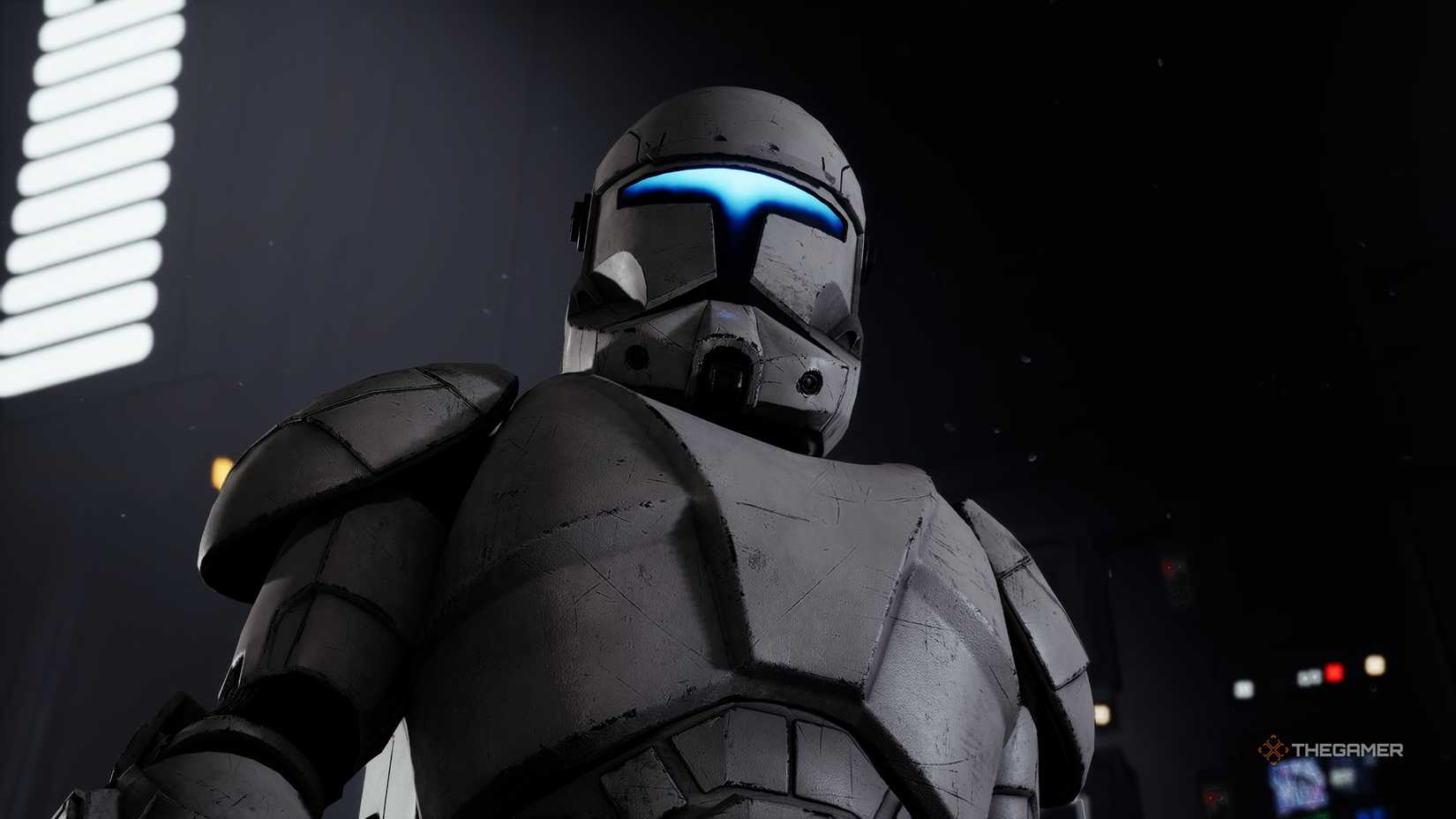 Trick from Star Wars Zero Company. He is a clone trooper in white sci-fi armour