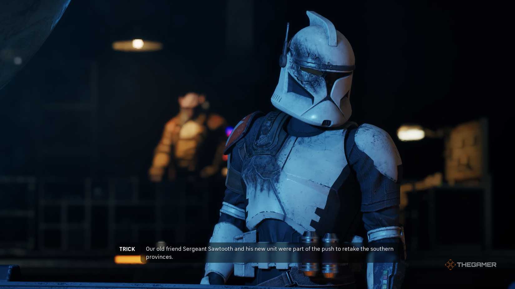 Trick the Clone Trooper telling the player about his friend Sergeant Sawtooth who needs rescuing in Star Wars Zero Comopany