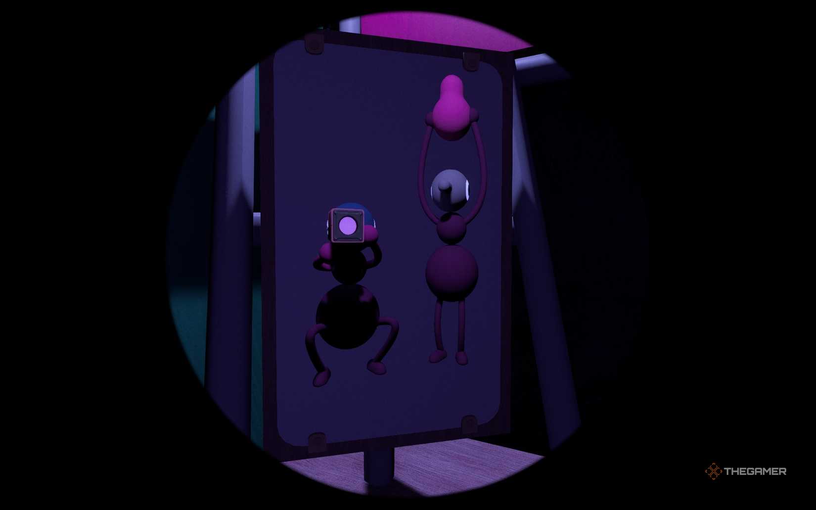 Two Big Walk characters taking a mirror selfie while one holds a puzzle item.