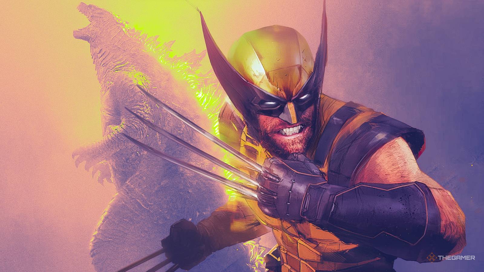 Wolverine in the foreground with godzilla at the back.