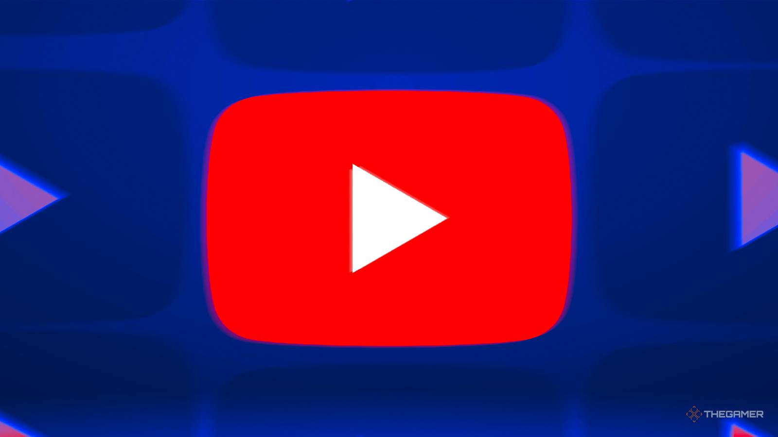 YouTube logo over a blue background surrounded by other YouTube logos.