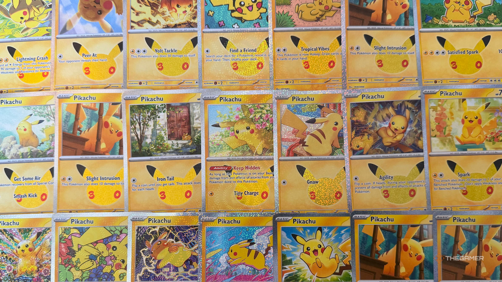 a photograph collague of pikachus from the pokemon tcg 30th anniversary expansion.