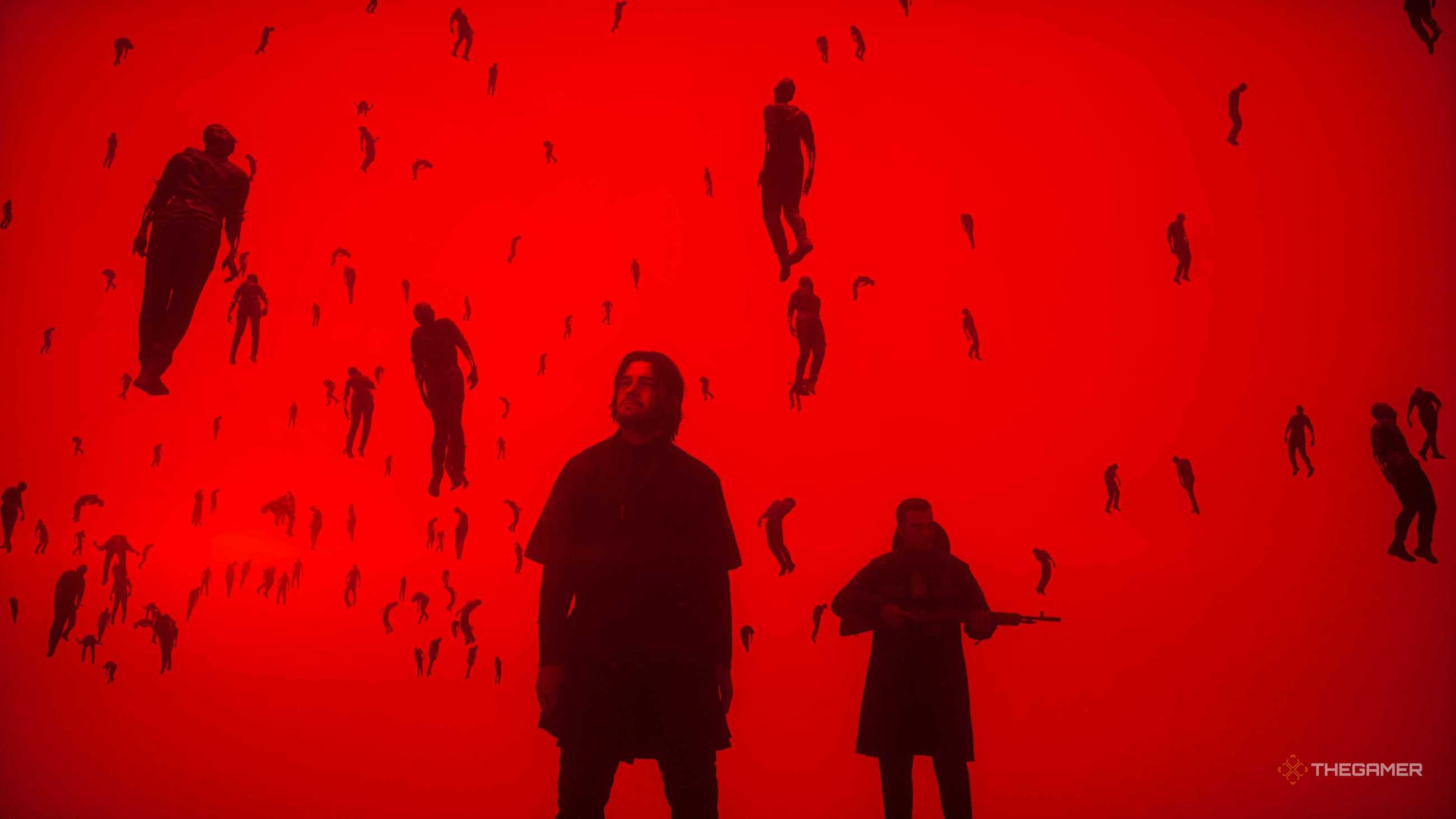Dylan in a bright red room full of floating bodies in Control Resonant.