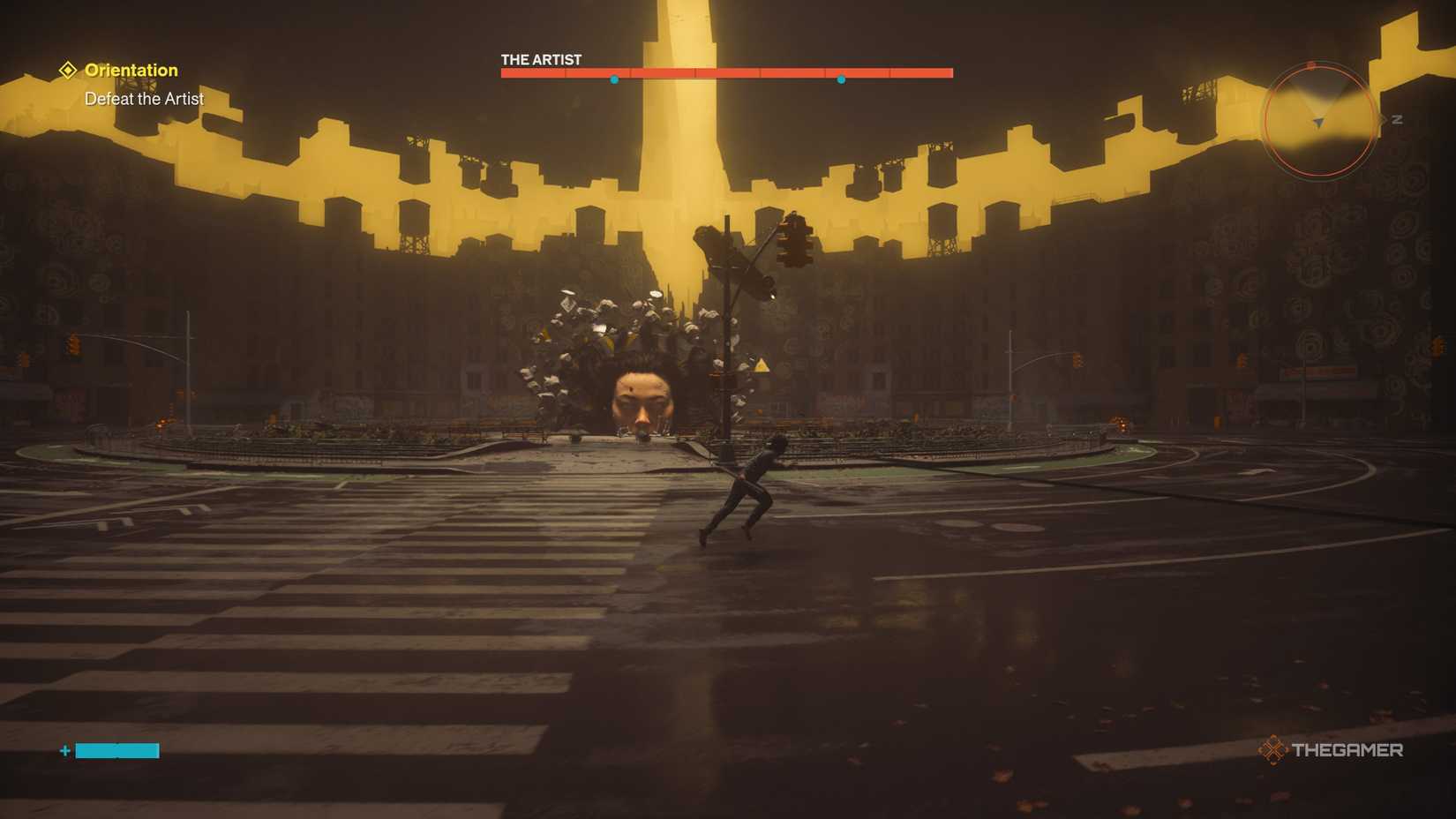 A player beating The Artist boss in Control Resonant.