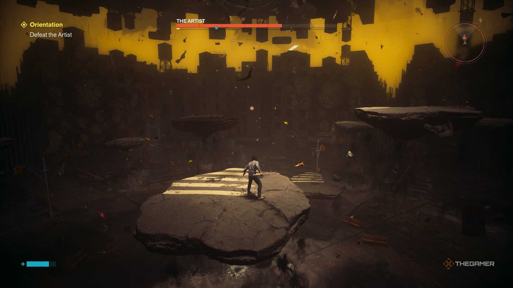 A player beating The Artist boss in Control Resonant.
