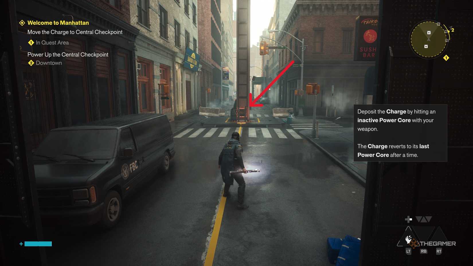 A player charging the central checkpoint in Control Resonant.