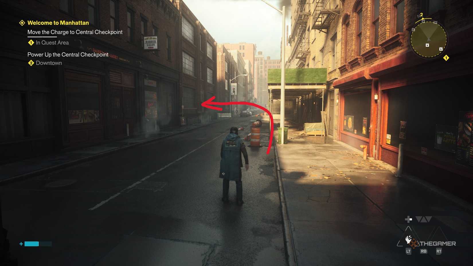 A player charging the central checkpoint in Control Resonant.