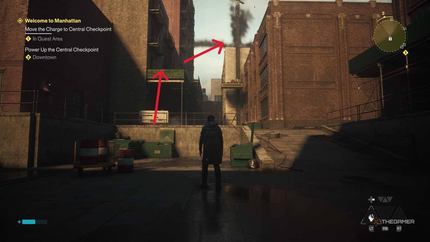 A player charging the central checkpoint in Control Resonant.