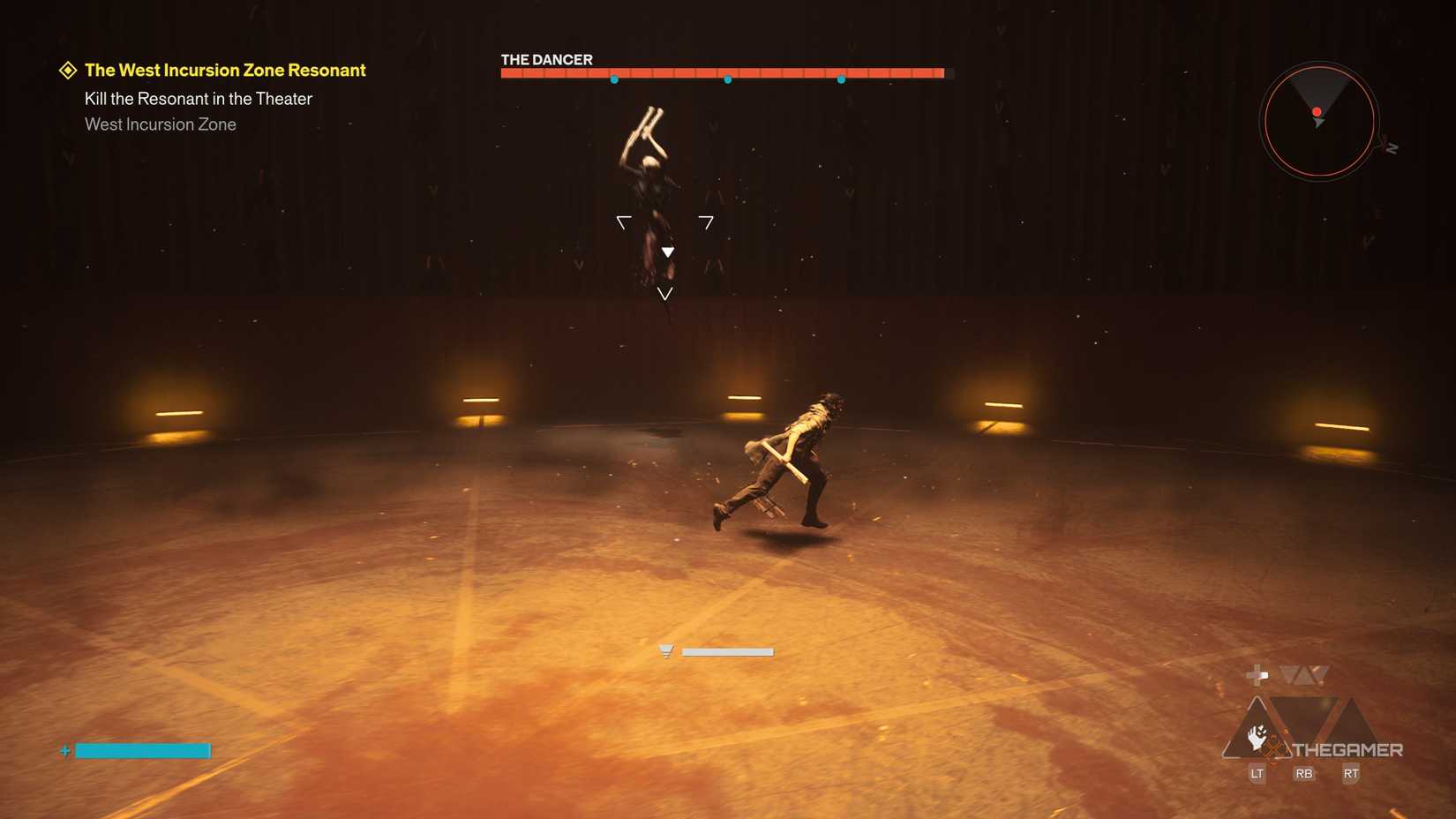 A player beating The Dancer boss in Control Resonant.