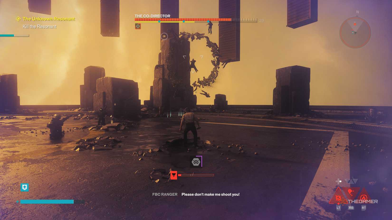 A player beating The Co-Director boss in Control Resonant.