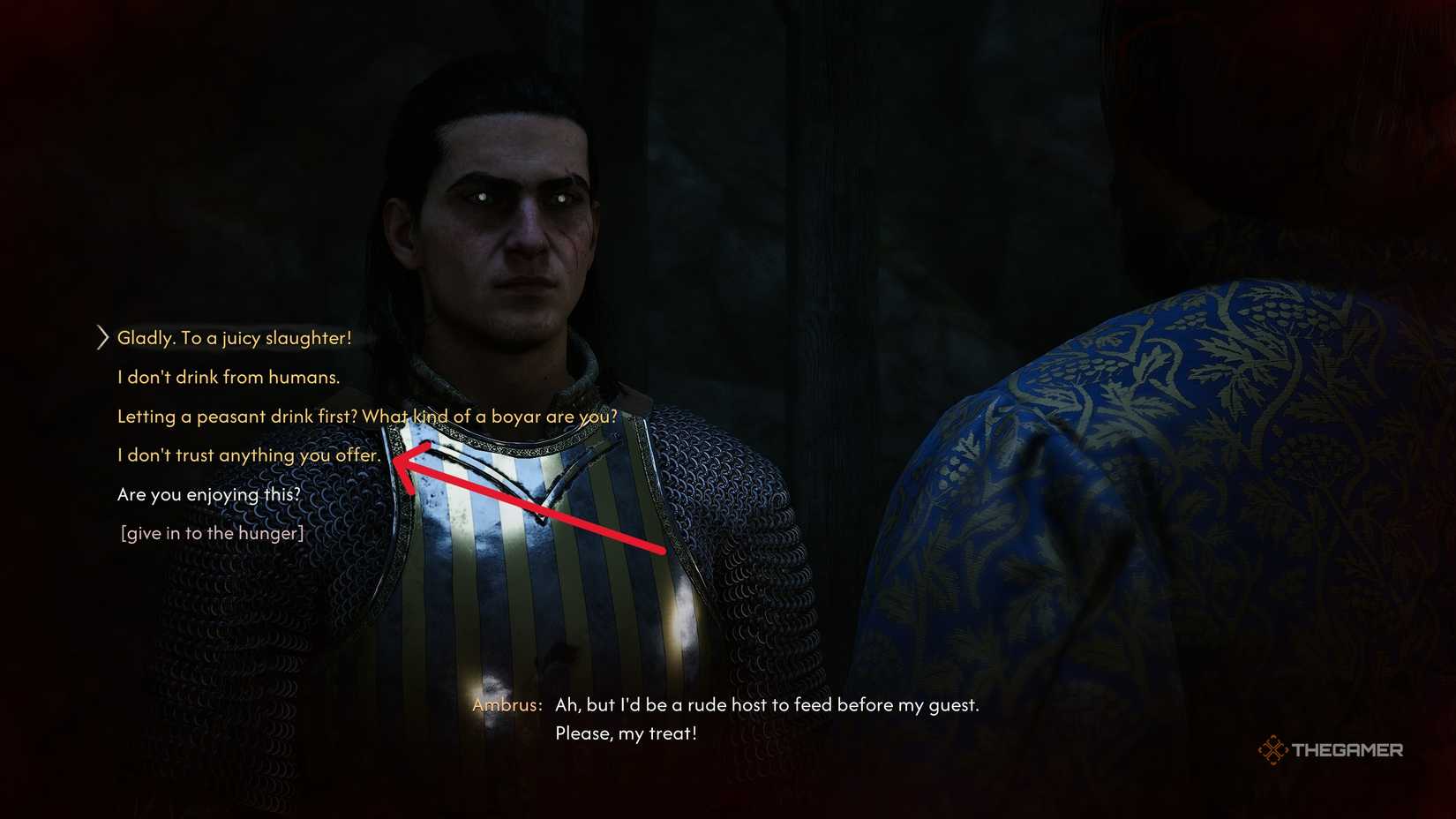 A player picking draining or killing Ambrus in The Blood of Dawnwalker.