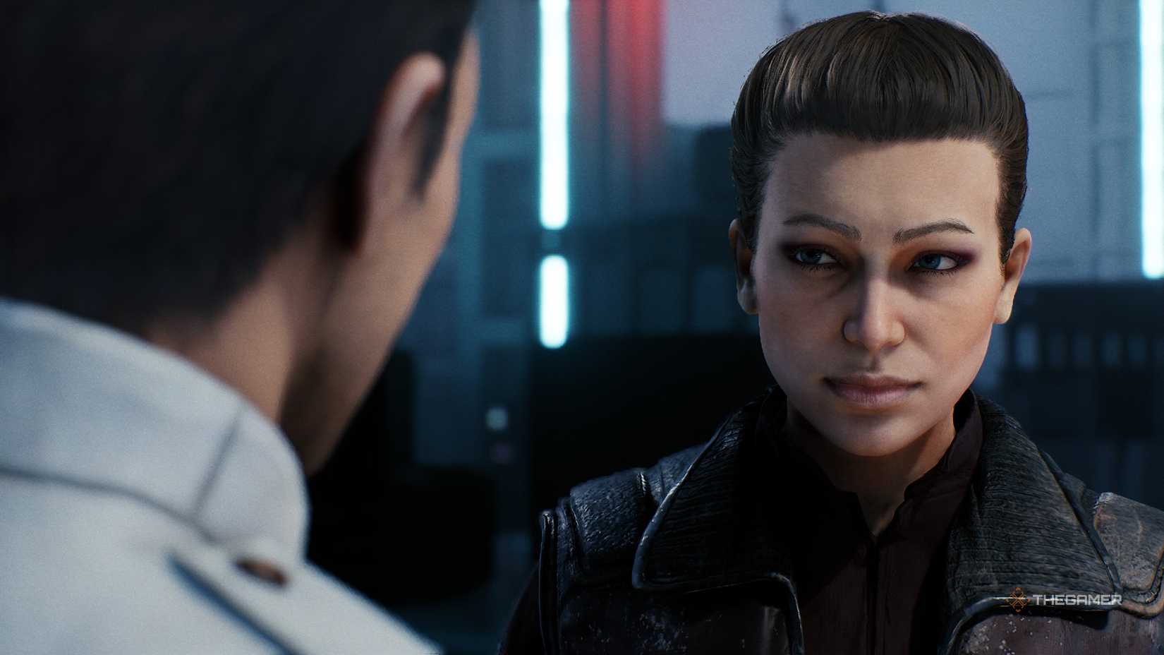 A human woman Hawks smiling at Bennic in Star Wars Zero Company