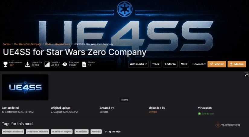 A Nexus Mods page for a mod called UE4SS for Star Wars Zero Company.
