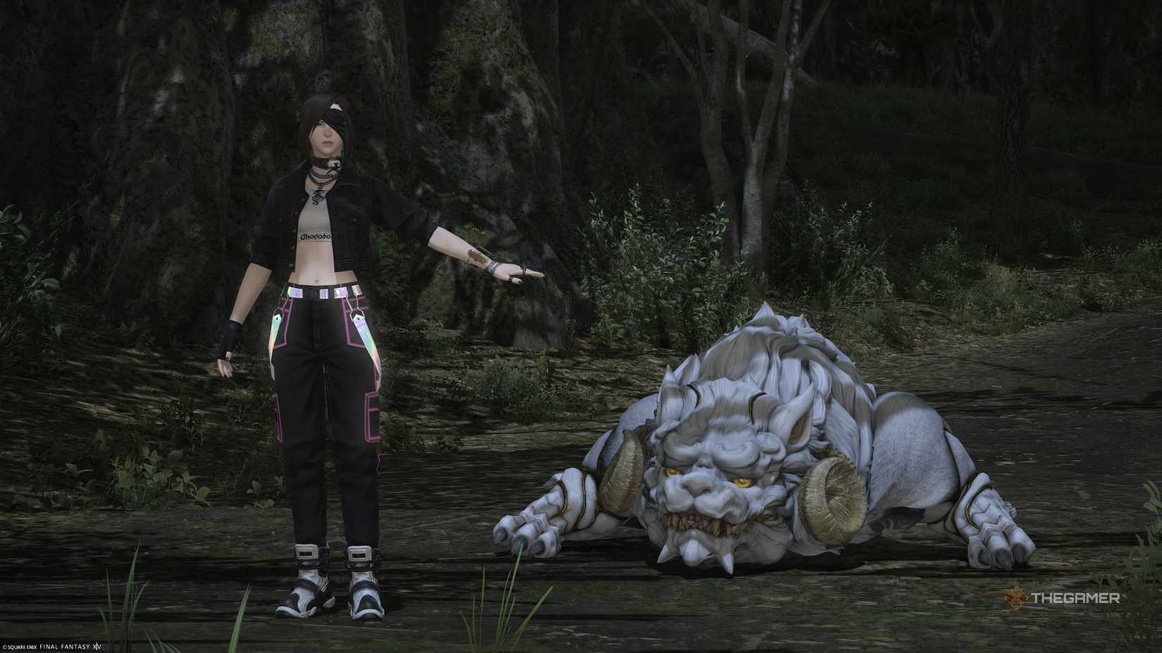 A warrior of light beside a wounded Cu Sith in Final Fantasy 14.