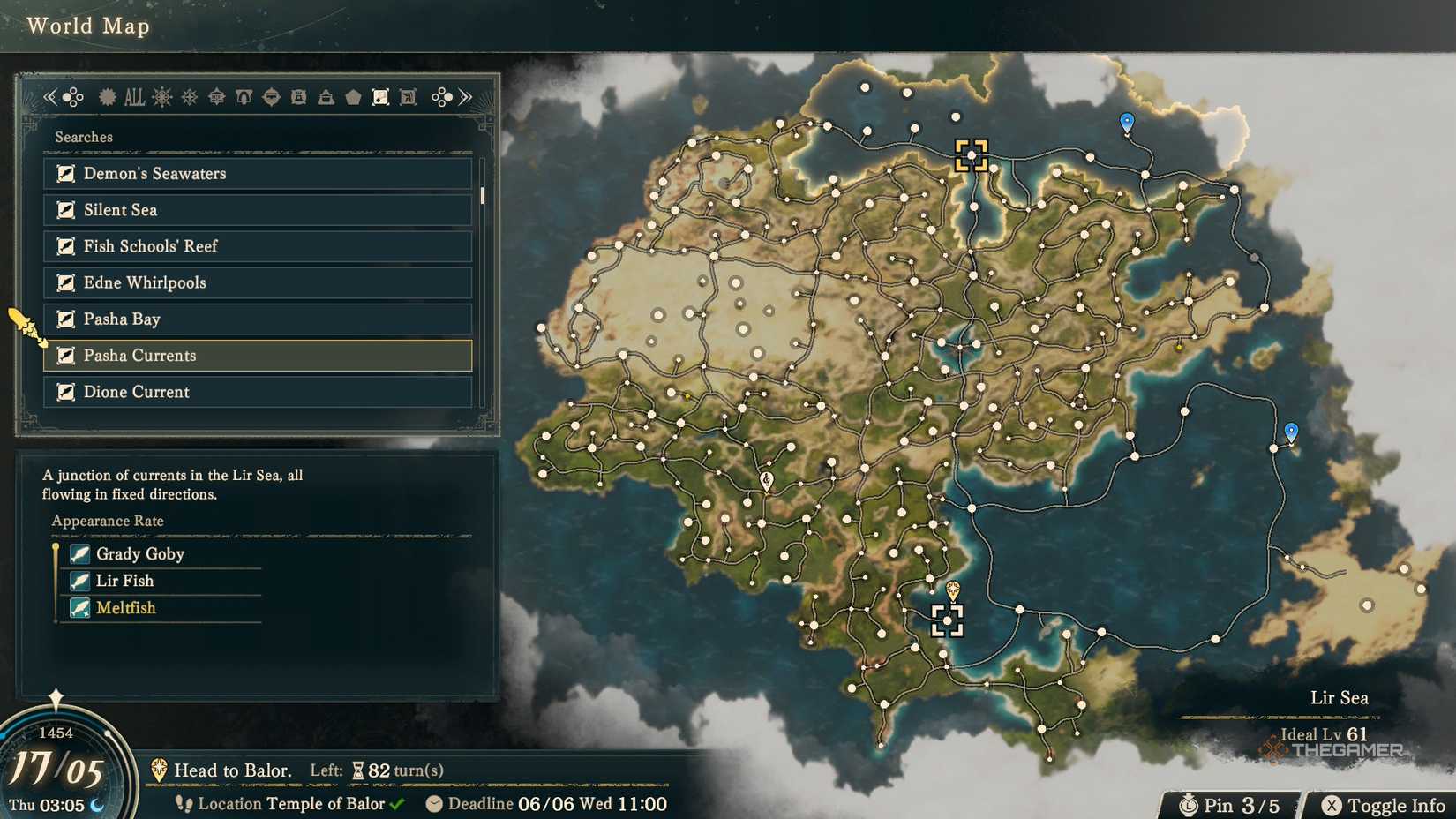 A world map menu that shows a Fishing resource node and its Fish in Fire Emblem Fortune's Weave.