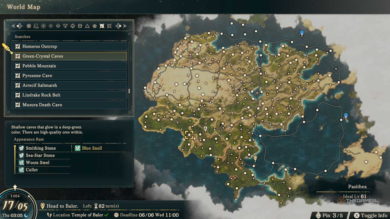 A world map menu that shows a Stone resource node and its Stones in Fire Emblem Fortune's Weave.