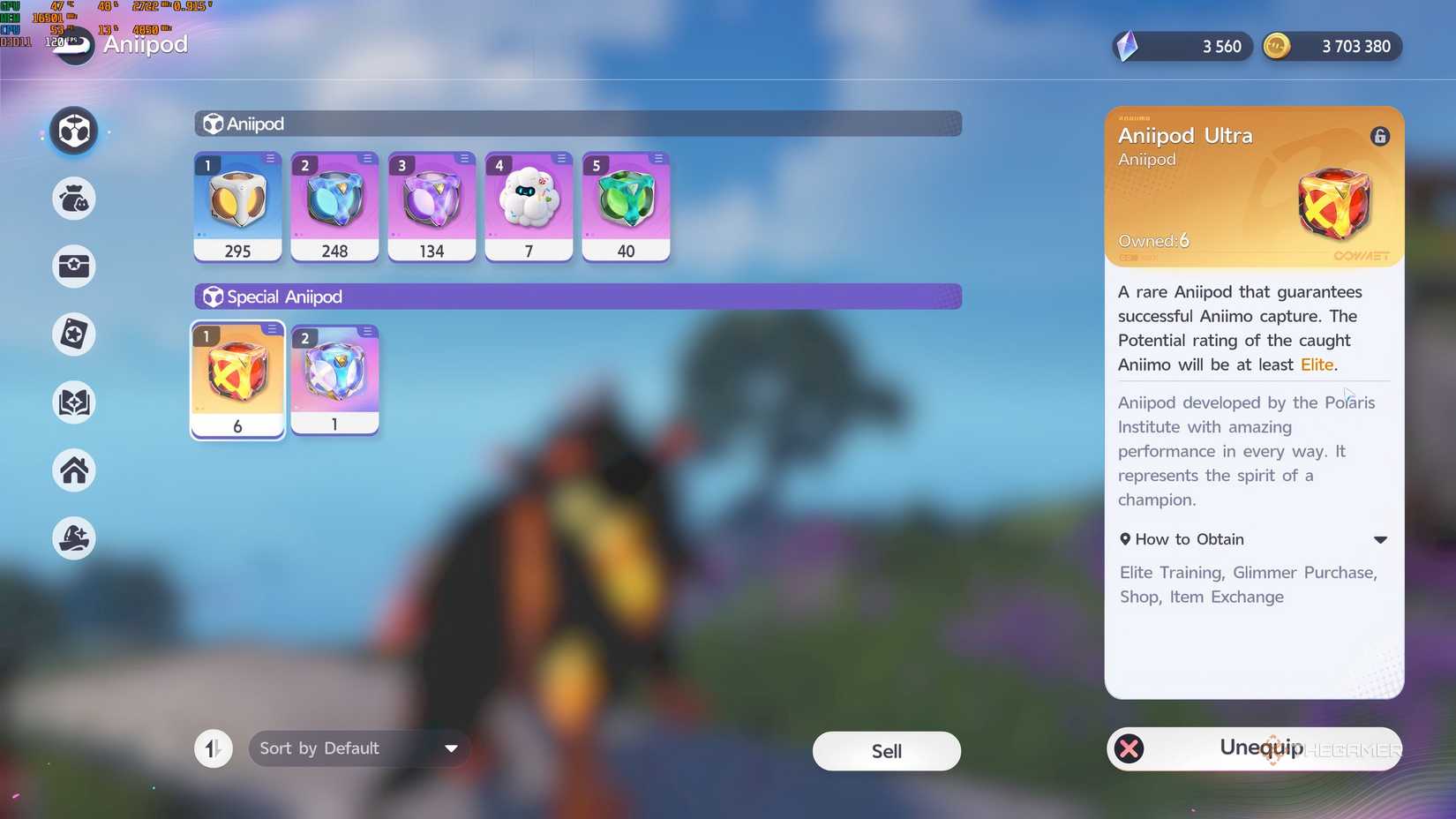 An inventory screen in Aniimo showing the Aniipod ultra.