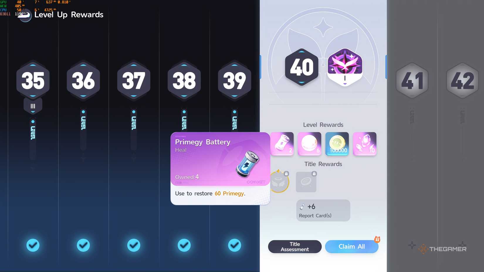 A Primegy Battery from Aniimo is showing as a level up reward.