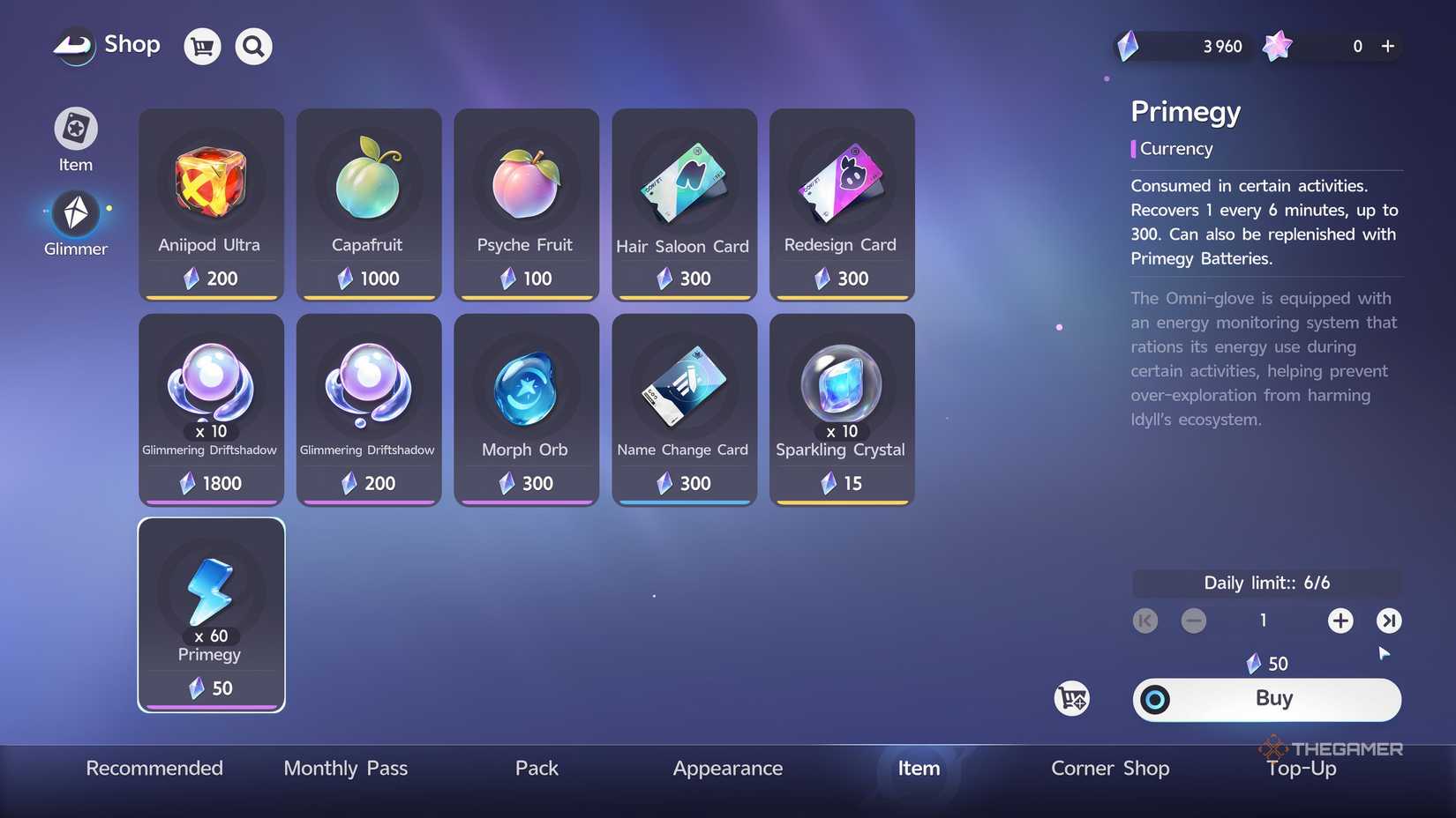 An Aniimo shop with the Primegy icon selected.