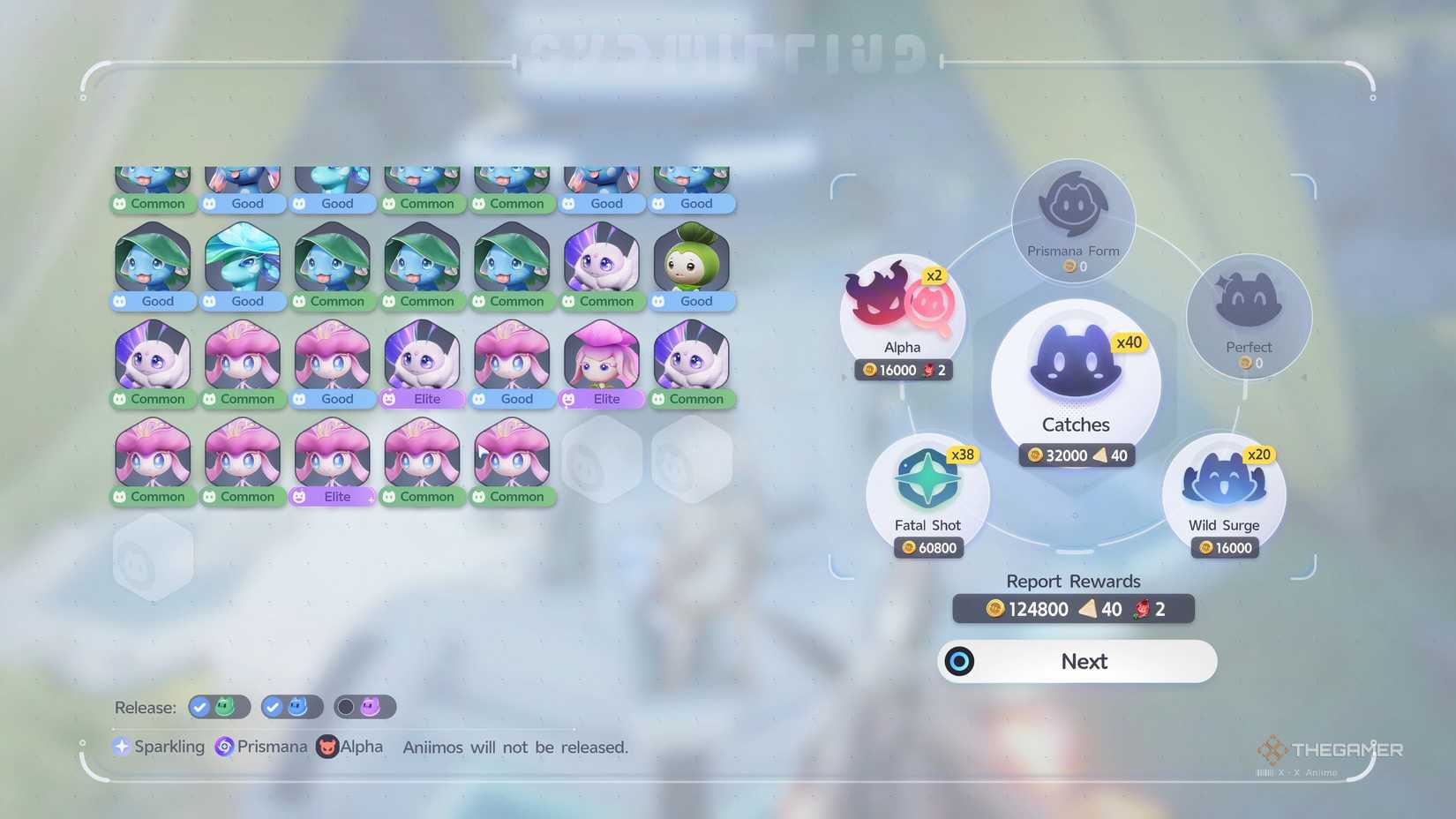 A list of captured Aniimo which shows their rarity and potential.