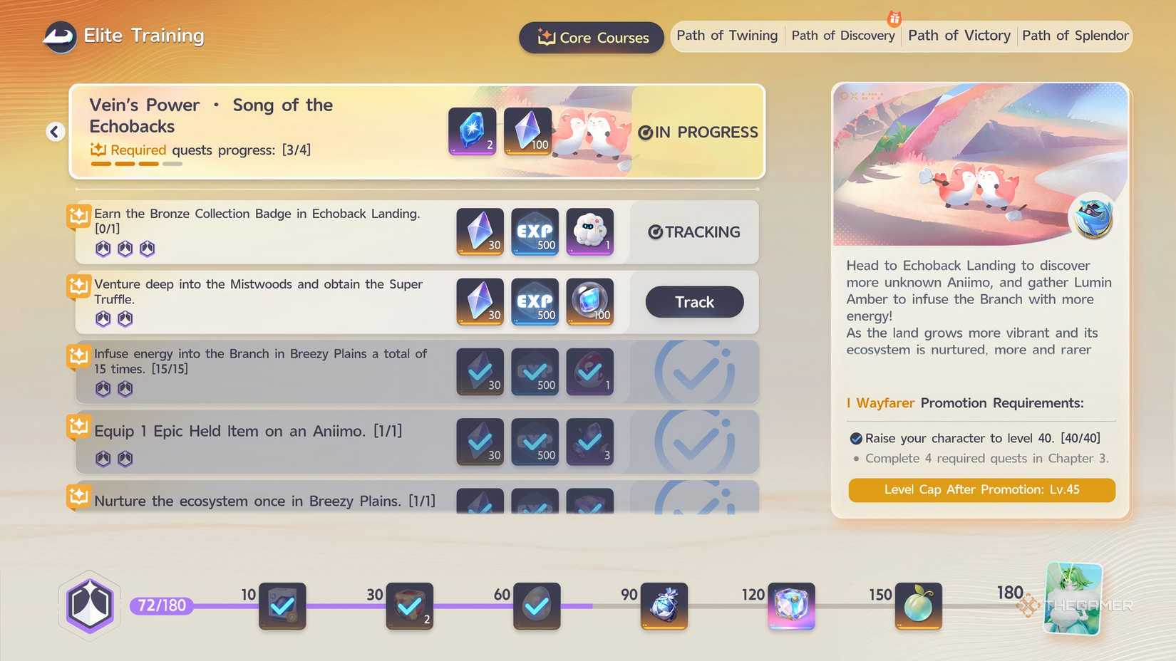 An Elite Training menu from Aniimo with quests and challenges.