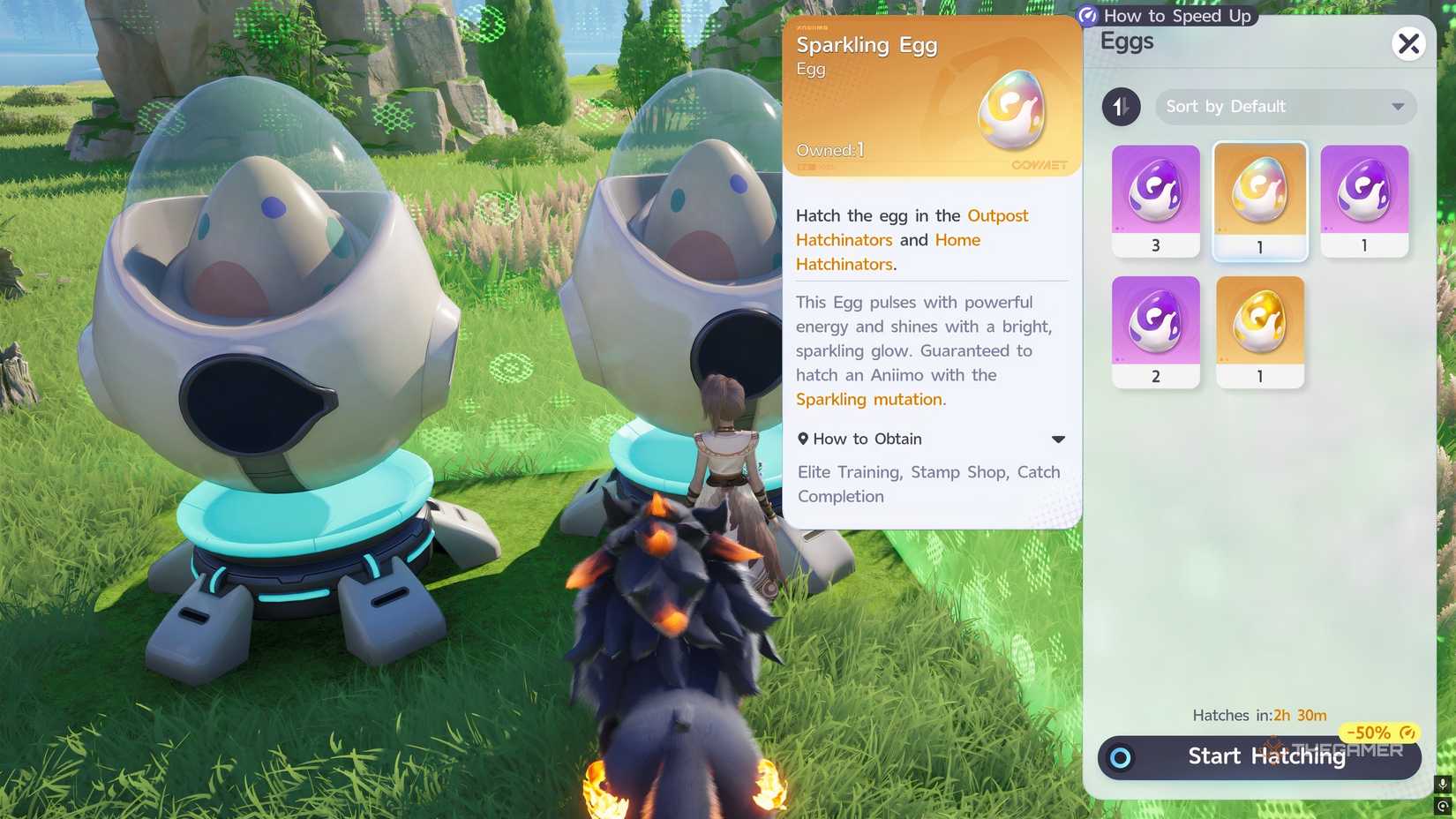 An Aniimo player is standing in front of a Hatchinator and is about to put in an Aniimo Egg.