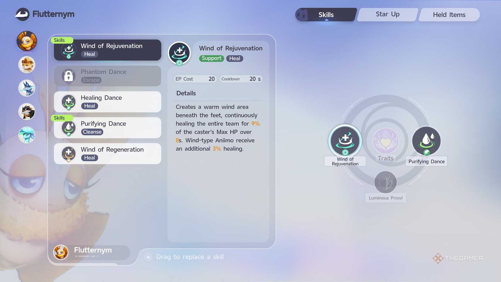 A Skill menu from Aniimo showing the description of a healing skill.