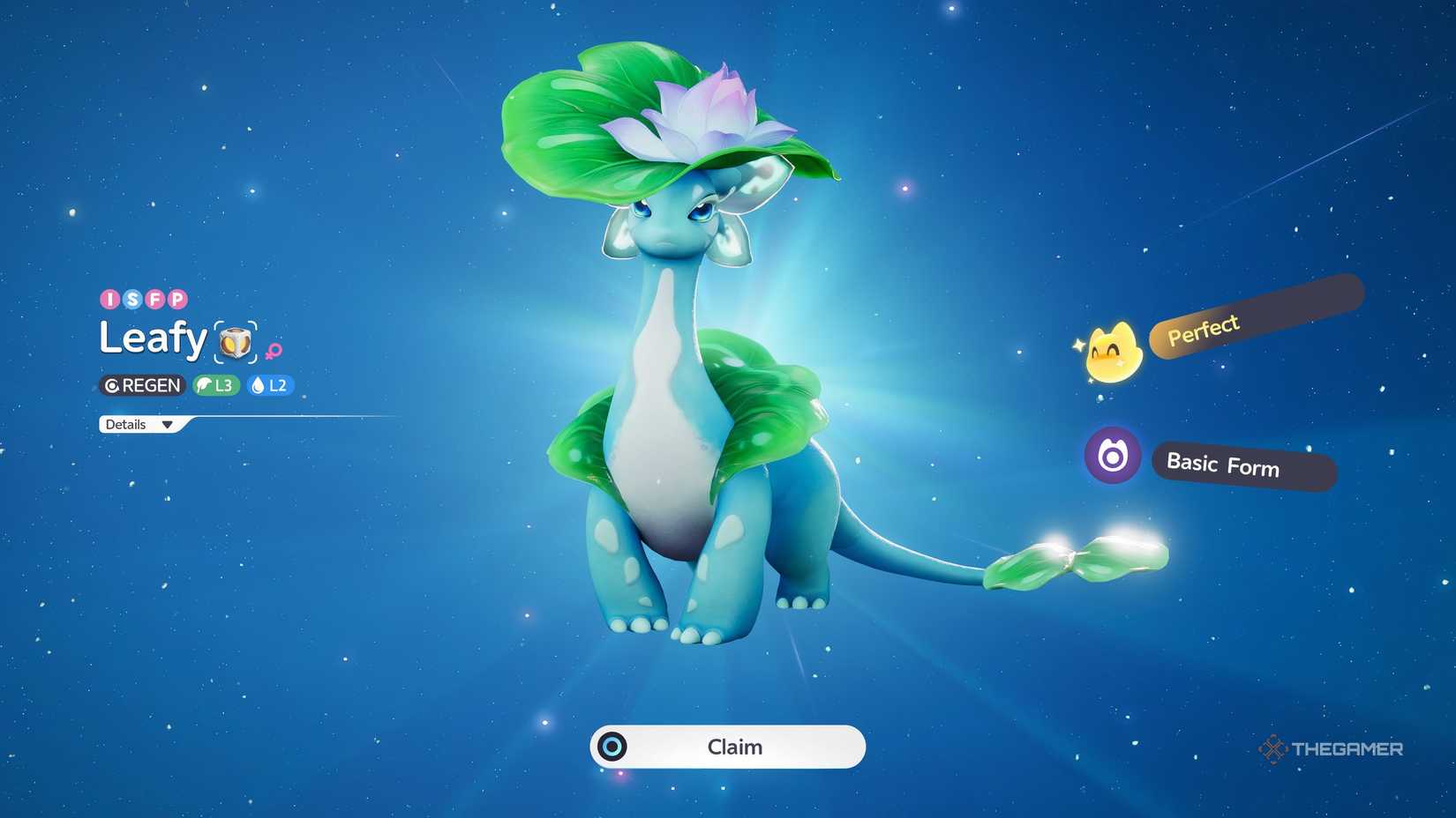 An Aniimo Leafy is posing while some of its stats are around it.