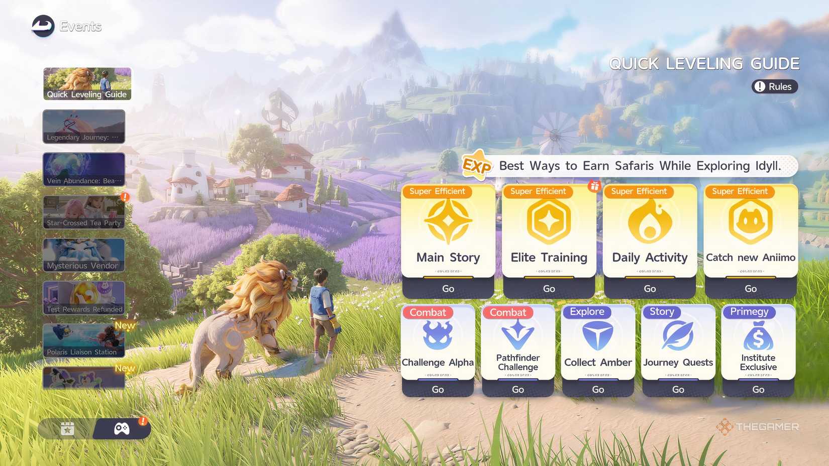 A screen from Aniimo which shows all the ways a player can level up fast.