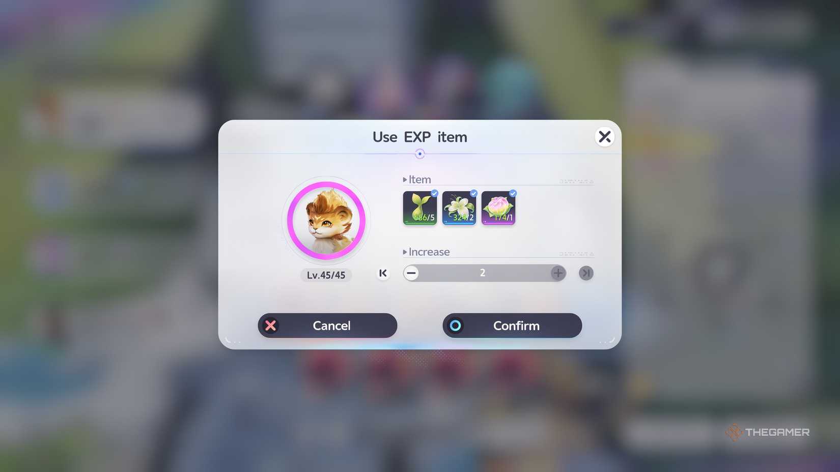 A screen showing the items needed in order to level up an Aniimo.
