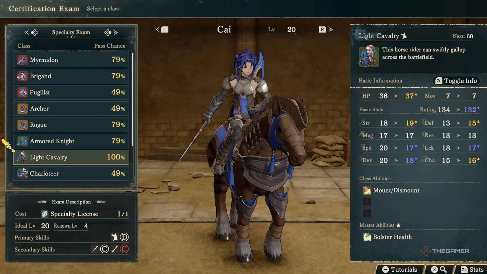 Cai's class change menu in Fire Emblem Fortune's Weave.
