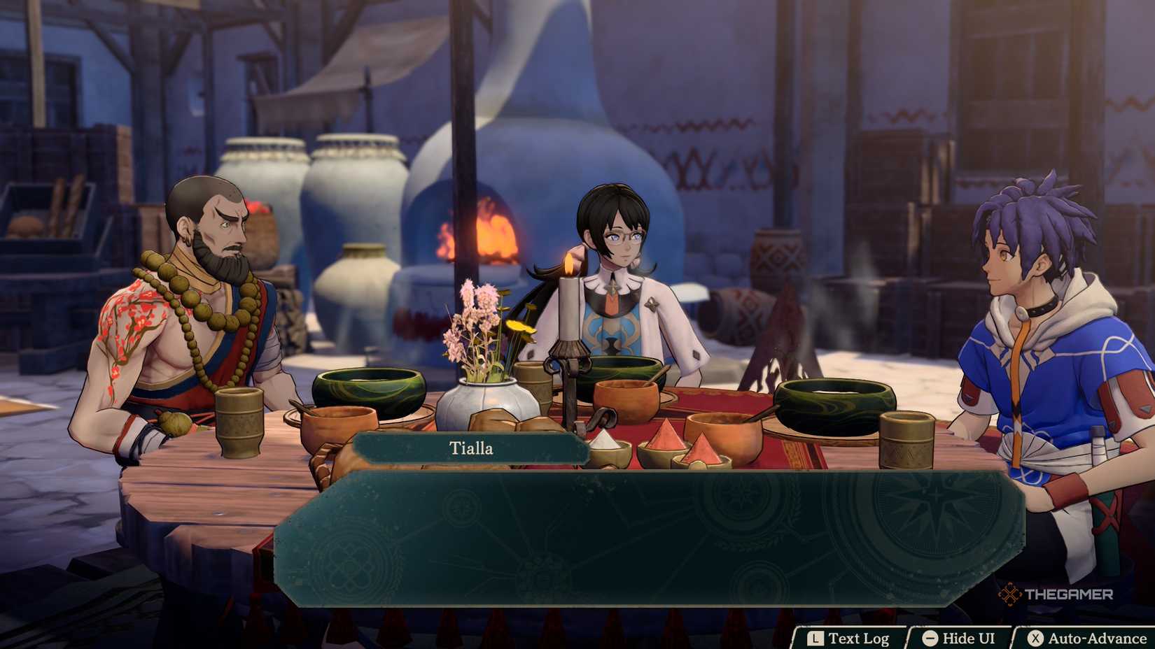 Cai, Tialla, and Yang Jie sharing a meal in Fire Emblem Fortune's Weave.