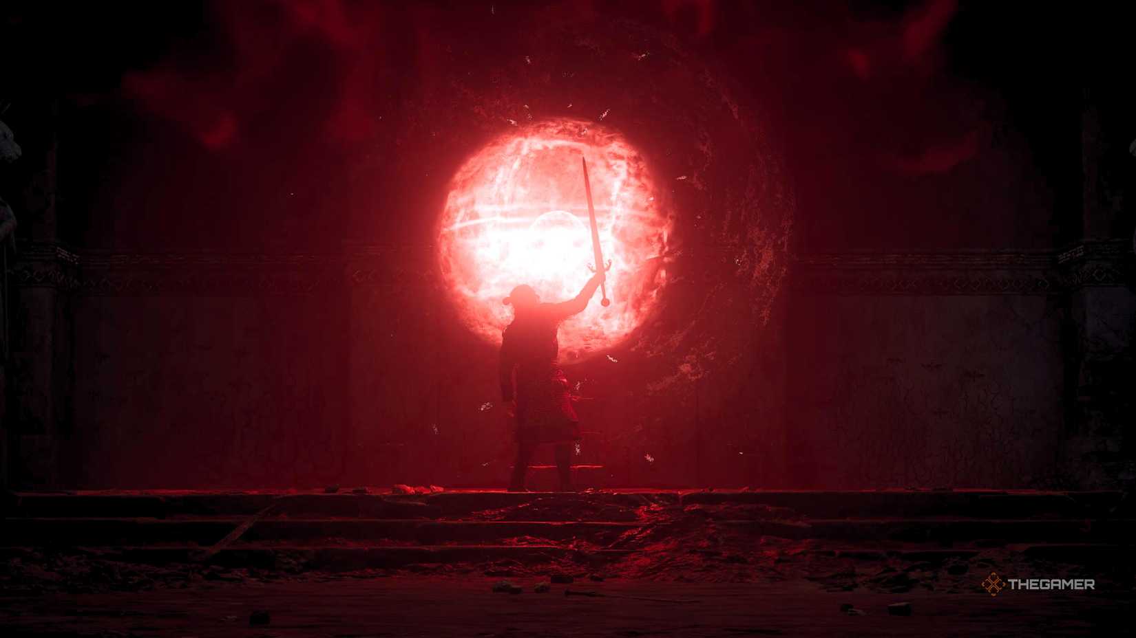 Coen holding up the sword of St. Mihai in The Blood of Dawnwalker.