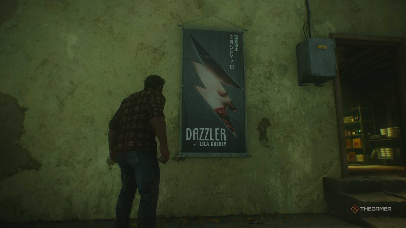 Wolverine standing in front of a poster for the Dazzler with Lila Cheney in Marvel's Wolverine