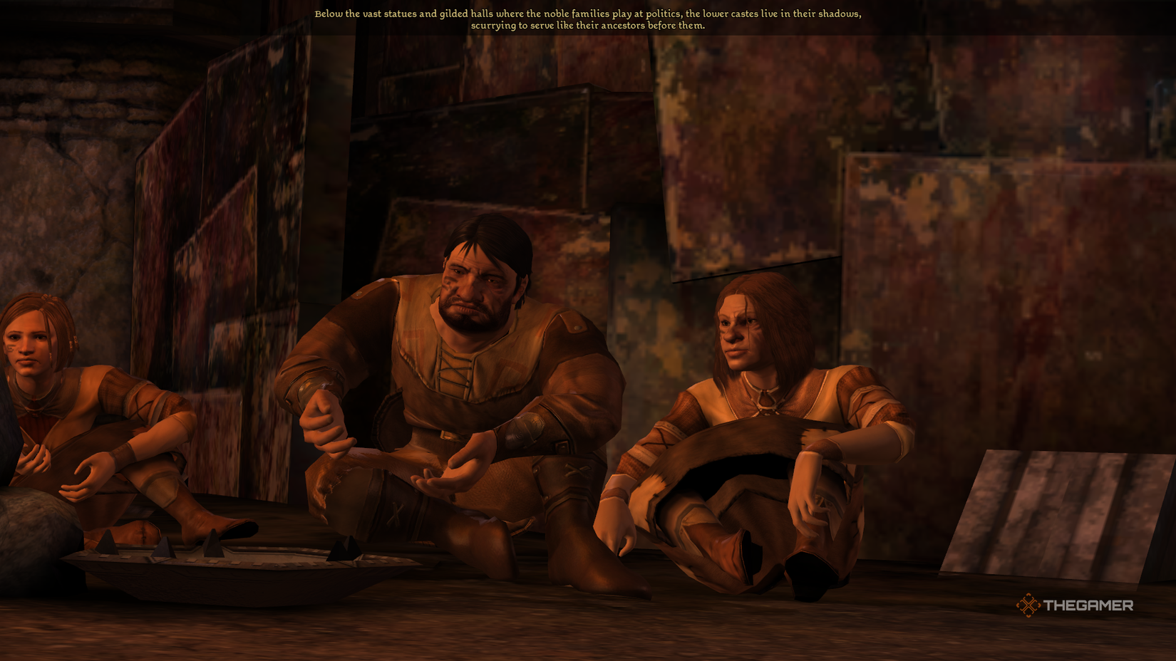 Dwarfs begging for coin in the Dwarven Commoner Dragon Age Origins background.