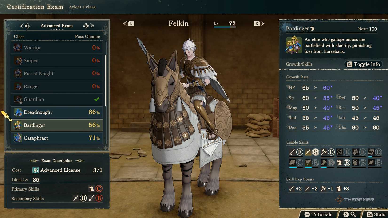 Eshmel in the class change menu, with Bardinger selected in Fire Emblem Fortune's Weave.