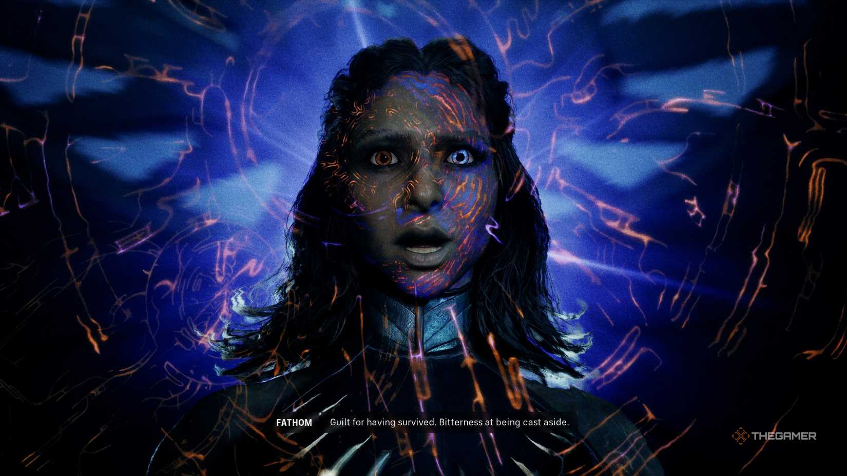 Fathom, a woman with spiral markings on her face, looking directly at the camera in Star Wars Zero Company
