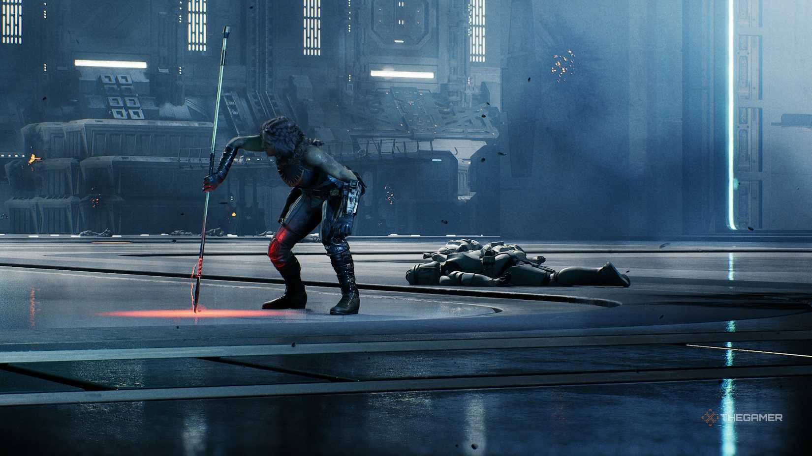 Fathom propping herself up on her staff, almost defeated, in Star Wars Zero Company