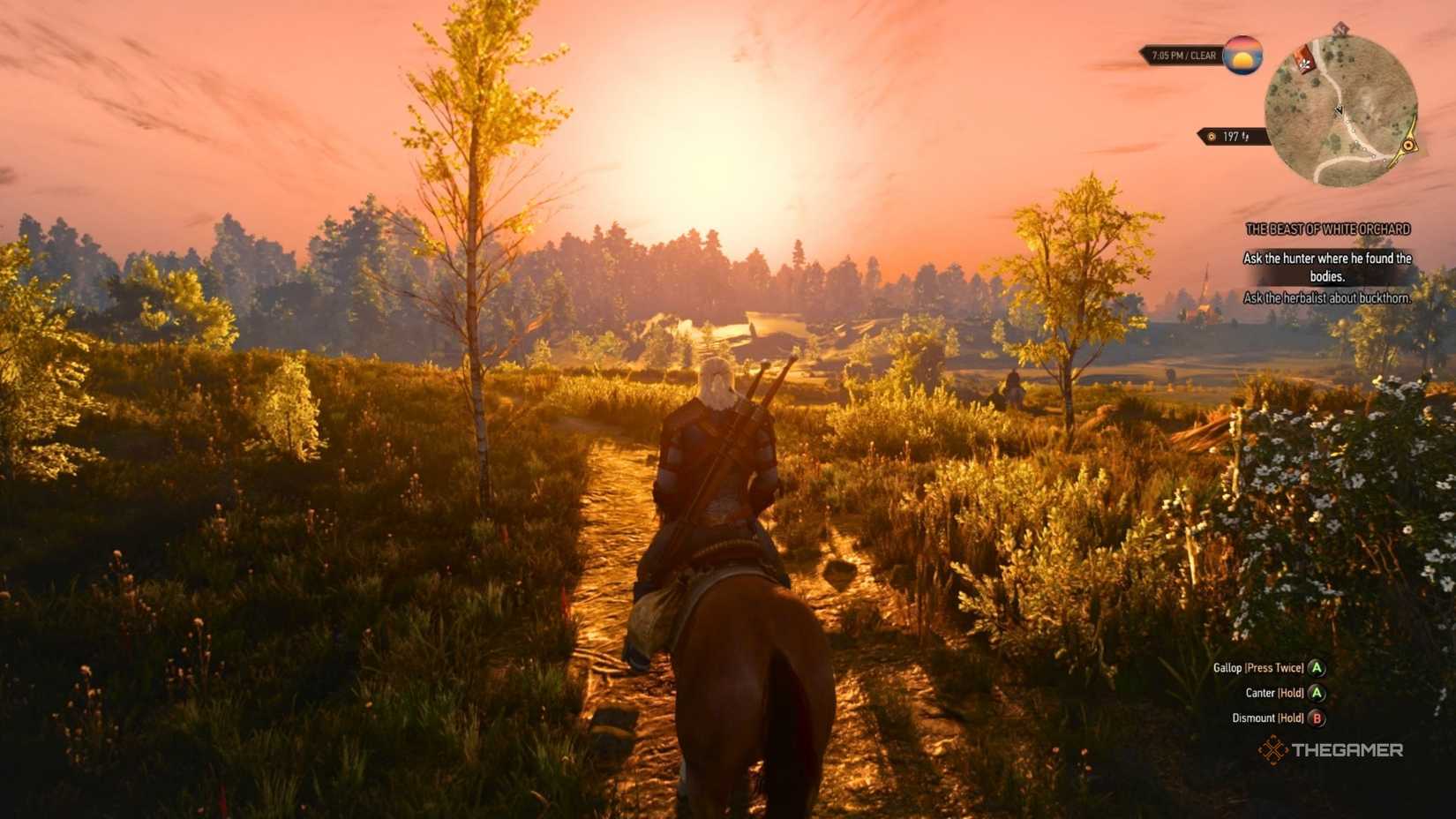 Geralt riding on Roach with a sunset in the distance in The Witcher 3 Remastered